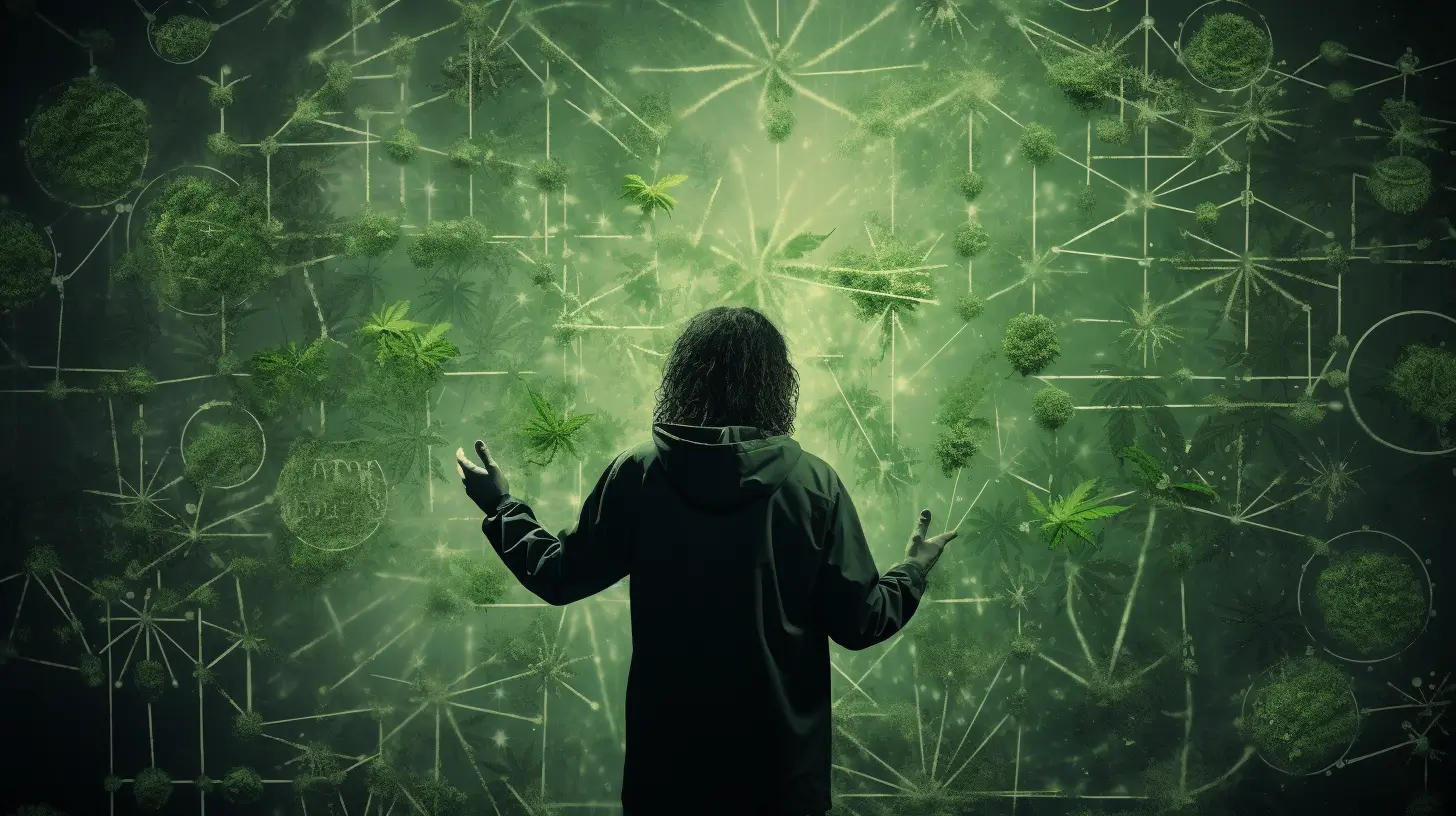 Ein Mensch mit langen Haaren, von hinten gesehen, steht vor einer großen, leuchtend grünen Wand. Die Wand ist mit einem komplexen Muster aus geometrischen Linien und Kreisen verziert, die an ein Netzwerk erinnern. Zwischen den Linien sind Cannabisblätter und -pflanzen eingearbeitet. Die Szene strahlt eine geheimnisvolle und futuristische Atmosphäre aus und könnte Aspekte des Cannabis-Marketings wie Vernetzung, Innovation und Wachstum symbolisieren. Passend zur Website einer Cannabis-Marketing-Agentur könnten hier Begriffe wie "SEO", "Social Media", "WordPress" und "Payment" integriert sein.