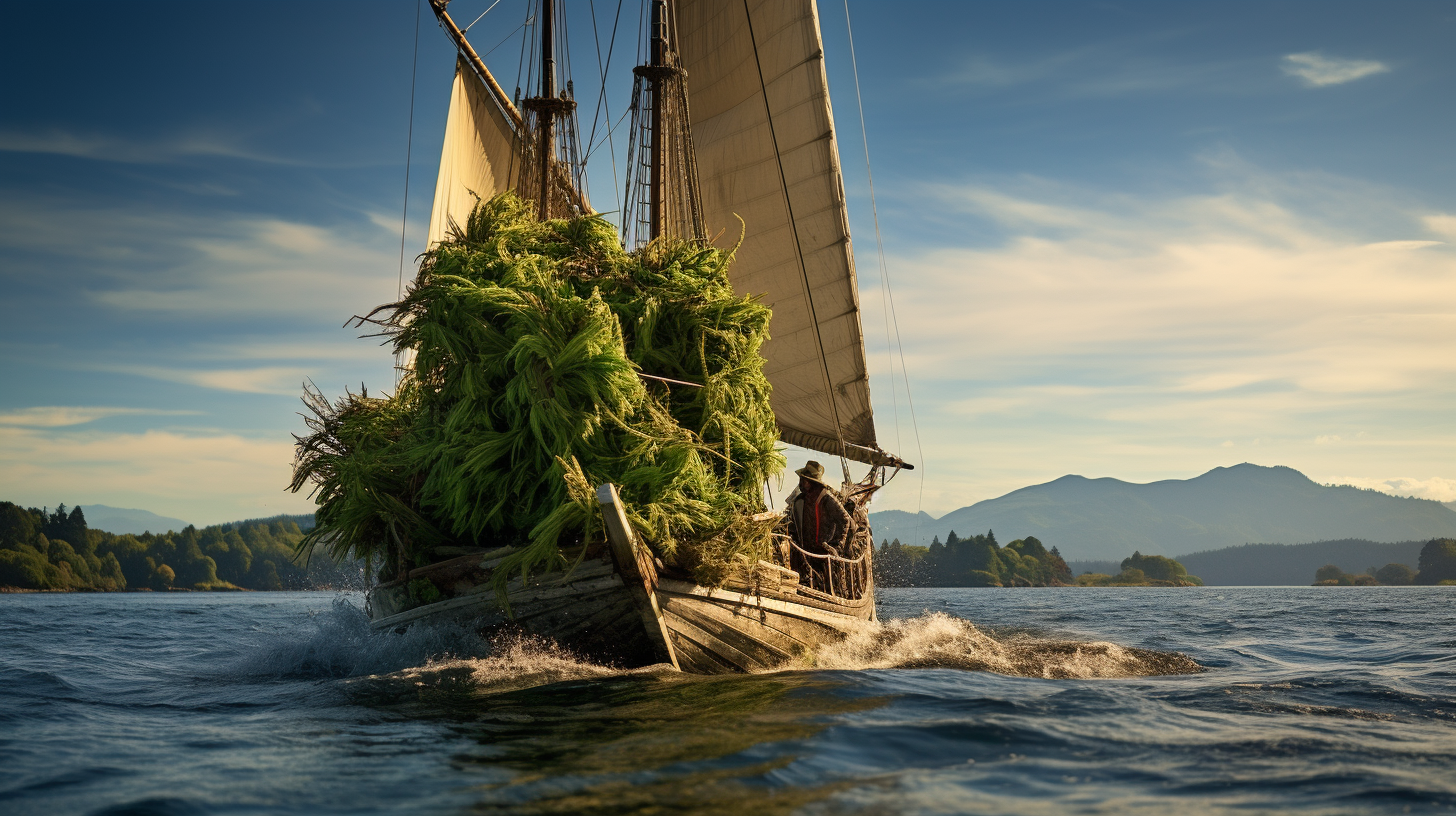 Das Bild zeigt ein Segelboot, das mit einer großen Menge an Cannabispflanzen beladen ist. Die Pflanzen sind grün und üppig und dominieren das Deck des Bootes. Ein Mann mit Hut steht am Ruder und steuert das Boot über ein ruhiges Gewässer. Im Hintergrund erstreckt sich eine malerische Landschaft mit bewaldeten Hügeln und einem klaren blauen Himmel. Das Bild vermittelt ein Gefühl von Abenteuer und natürlicher Freiheit und kann mit Cannabis-Marketing, Transport und nachhaltigem Anbau in Verbindung gebracht werden. Begriffe wie "Cannabis", "Marketing", "Nachhaltigkeit" und "Abenteuer" können hier in einem kreativen Kontext genutzt werden.