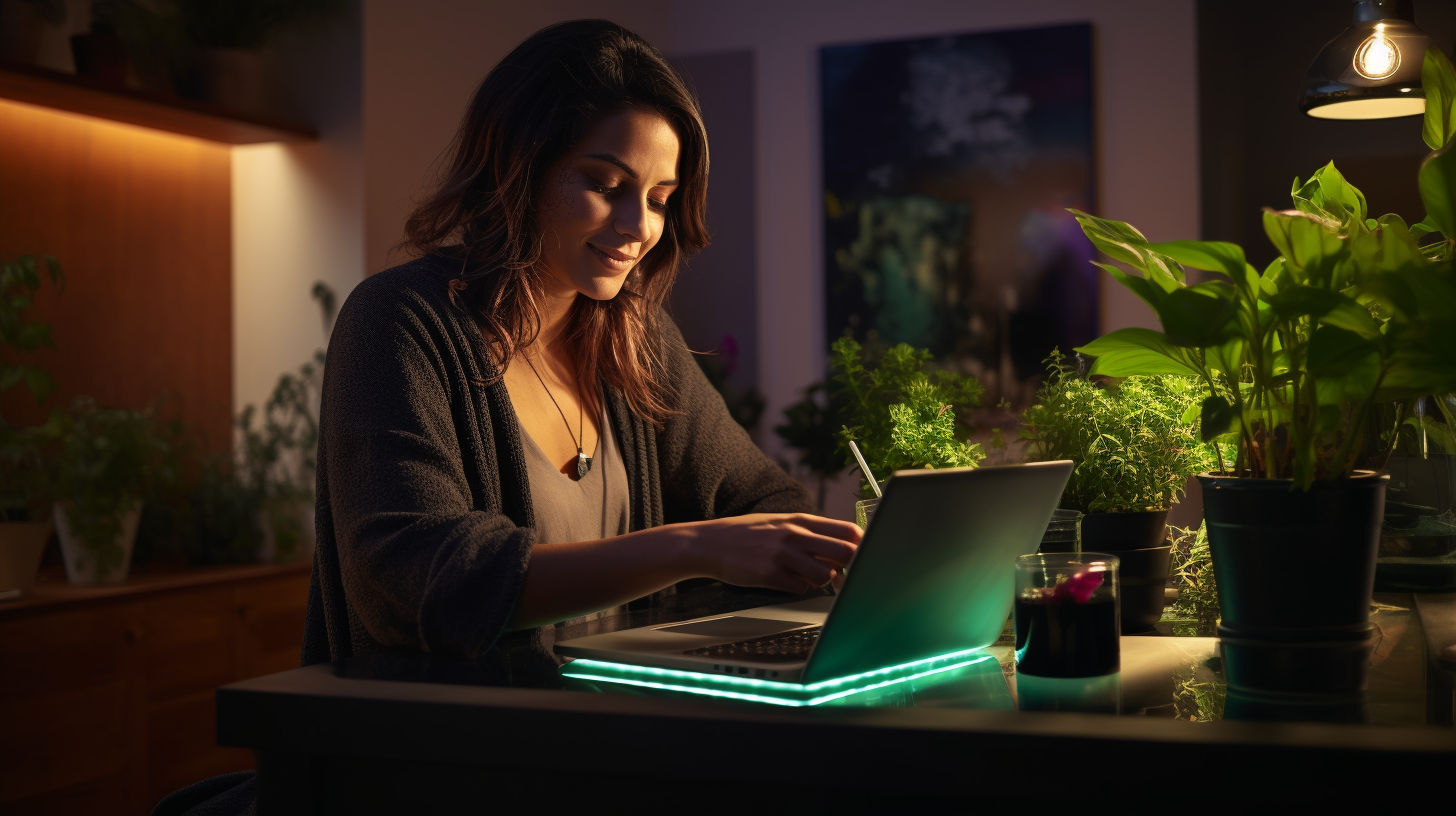 Eine Frau arbeitet zufrieden an einem Laptop in einem gemütlichen Raum, der von sanftem Licht erhellt wird. Um sie herum befinden sich mehrere grüne Zimmerpflanzen, darunter auch Cannabis-Pflanzen. Das Ambiente strahlt Ruhe und Kreativität aus, passend für eine Cannabis Marketing Agentur wie 420MKT. Der Laptop hat eine auffällige grüne Beleuchtung, die das Technologie- und Marketing-Thema unterstreicht. Diese Szene verkörpert Konzepte wie SEO, Social Media und digitales Marketing in einem modernen, pflanzenfreundlichen Umfeld.