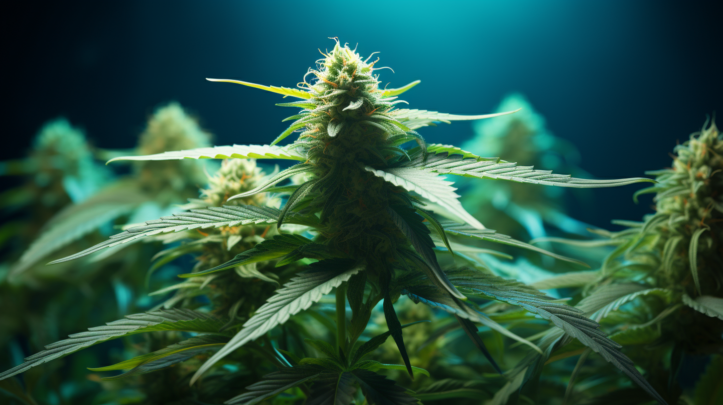 Das Bild zeigt eine Nahaufnahme einer grünen Cannabis-Pflanze mit detaillierten, gezackten Blättern und einem dichten, harzigen Blütenstand, der von einer sanften Beleuchtung erhellt wird. Der Hintergrund ist dunkel, was die Pflanze hervorhebt. Dieses Bild könnte im Kontext von Cannabis-Marketing, insbesondere für eine Agentur, die sich auf SEO, Social Media, WordPress und Payment-Lösungen im CBD-Sektor spezialisiert hat, verwendet werden.