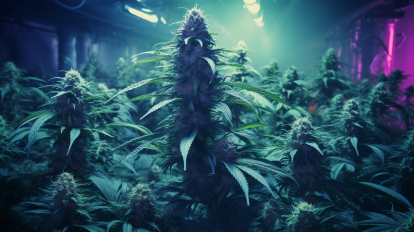 Das Bild zeigt eine üppige Cannabis-Plantage in einem Innenraum unter künstlicher Beleuchtung, die die Pflanzen in einem lebendigen Grün und Lila schimmern lässt. Die hohen, blühenden Pflanzen sind dicht mit großen Blättern umringt und die Blüten sind deutlich sichtbar. Die Beleuchtung erzeugt eine futuristische Atmosphäre, die auf innovative Anbaumethoden hinweist. Dieses Bild eignet sich ideal für Marketingzwecke im Bereich Cannabis, da es die Themen Anbau und Technologie verknüpft. Es ist relevant für SEO-Strategien und visuelle Inhalte in sozialen Medien, die sich mit Cannabis und CBD-Produkten befassen.