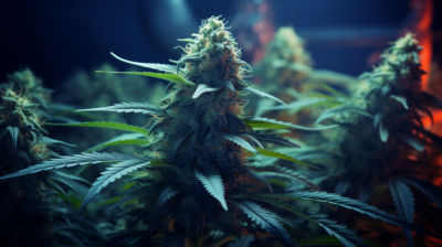 Das Bild zeigt eine Nahaufnahme einer blühenden Cannabispflanze. Die Pflanze ist üppig und mit dichten Knospen versehen, die von schmalen, gezackten Blättern umgeben sind. Die gesamte Szene ist in einem weichen, stimmungsvollen Licht gehalten, das die Pflanzenstruktur und die Trichome hervorhebt. Diese Darstellung betont die Verbindung zu Cannabis, CBD und relevanten Marketingbegriffen wie SEO und Social Media, die für eine full service Cannabis Marketing Agentur wie 420MKT bedeutend sind.