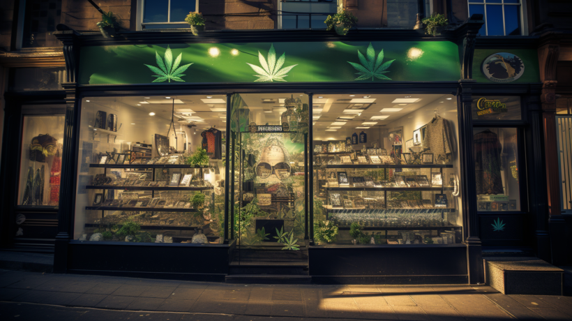 Das Bild zeigt die Front eines Cannabis-Ladens bei Nacht. Die Fassade ist schwarz mit einem großen, leuchtend grünen Banner, das mit Hanfblättern verziert ist. Das Schaufenster ist gut beleuchtet und zeigt eine Vielzahl von Produkten, darunter dekorative Artikel, Kleidung und vermutlich Cannabis-bezogene Accessoires. Pflanzen zieren den Eingangsbereich, was ein natürliches und einladendes Ambiente schafft. Die Gesamtästhetik vermittelt ein Gefühl von Entspannung und Modernität, das gut zu einem Unternehmen passt, das sich auf Cannabis-Marketing spezialisiert hat. Keywords wie "Cannabis", "Marketing", und "Accessoires" kommen hier zum Einsatz.