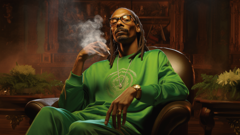 Eine Person sitzt entspannt in einem Ledersessel in einem üppig dekorierten Raum. Sie trägt einen grünen Trainingsanzug und eine Kette. Die Person hält einen rauchenden Joint und umgibt sich mit Cannabis-Rauch. Im Hintergrund sind Pflanzen und raffinierte Holzvertäfelungen zu sehen, die eine luxuriöse Atmosphäre schaffen. Dieses Bild könnte Elemente von Cannabis-Marketing oder Lifestyle darstellen. Wörter wie "Cannabis", "CBD", "Social Media" und "Influencer" könnten relevante Themen für die 420MKT-Agentur sein.