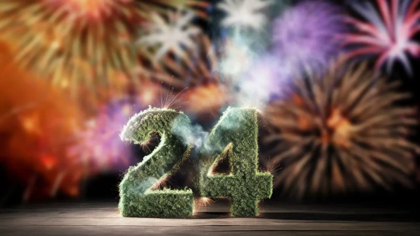 Ein großes, imposantes "24" erscheint im Vordergrund, gestaltet aus einer dichten Schicht von grünem Cannabis. Die Zahlen wirken lebendig, als ob sie aus Pflanzenmaterial geformt wären. Im Hintergrund erstrahlen bunte Feuerwerkskörper, die die Festlichkeit der Szene betonen. Diese dynamische Darstellung könnte symbolisch für Marketing-Leistungen im Bereich Cannabis, CBD oder einer Marketing-Kampagne stehen, die durch SEO, Social Media und innovatives Design auffällt. Die kraftvolle visuelle Kommunikation spiegelt die Kreativität und Energie von 420MKT wider, einer Agentur, die sich auf Cannabis-Marketing spezialisiert hat.