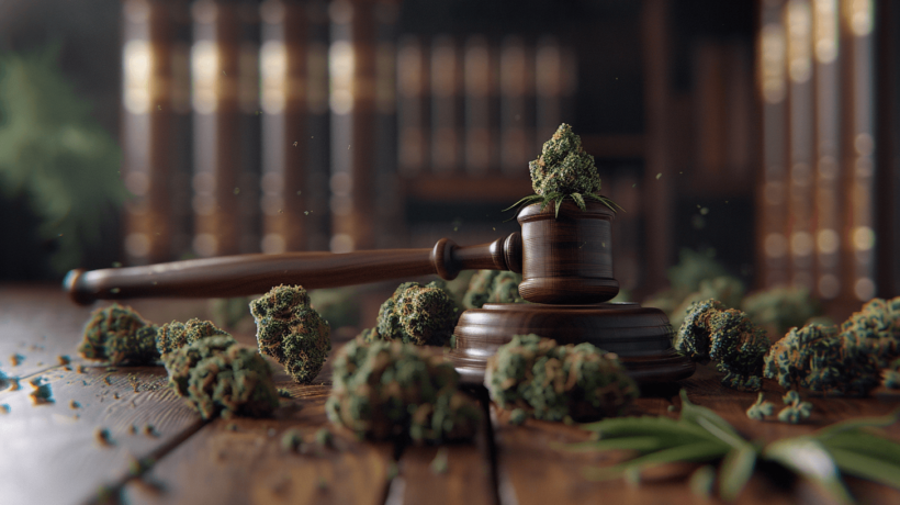 Das Bild zeigt einen Richterhammer, auf dem ein großer Cannabisblütenknopf platziert ist, symbolisch für Cannabisrecht oder -regulierung. Um den Hammer herum liegen weitere Cannabisblüten und Blätter. Der Hintergrund deutet auf ein juristisches Umfeld hin, mit unscharfen Büchern im Regal. Dieses Bild könnte für 420MKT verwendet werden, um juristische Aspekte im Cannabis-Marketing hervorzuheben, wie SEO, Social Media Kampagnen oder WordPress-Integration für die Cannabis-Branche.