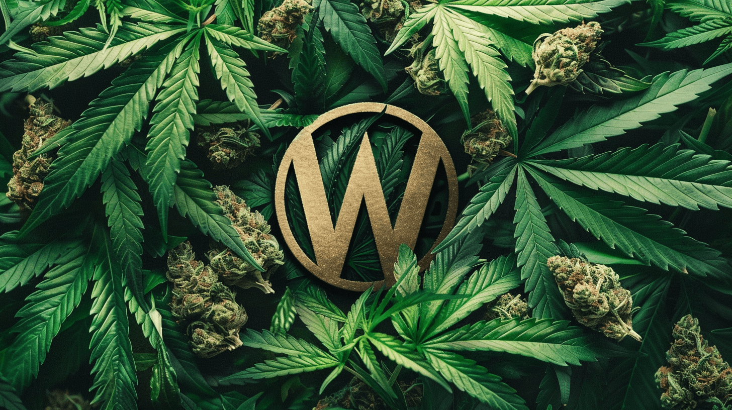 Das Bild zeigt eine Ansammlung von frischen, grünen Cannabisblättern und -knospen. Zentral in der Komposition befindet sich ein großes, stilisiertes "W", das an das WordPress-Logo erinnert, und den Fokus auf digitale Marketingdienste legen könnte. Es symbolisiert die Verbindung von Cannabis-Marketing mit der digitalen Welt. Schlagwörter wie SEO, Social Media und Payments werden durch die Kombination der symbolischen WordPress-Präsenz und dem Cannabis-Thema suggeriert. Das Bild könnte auf der Website einer full service Cannabis Marketing Agentur wie 420MKT zu finden sein.