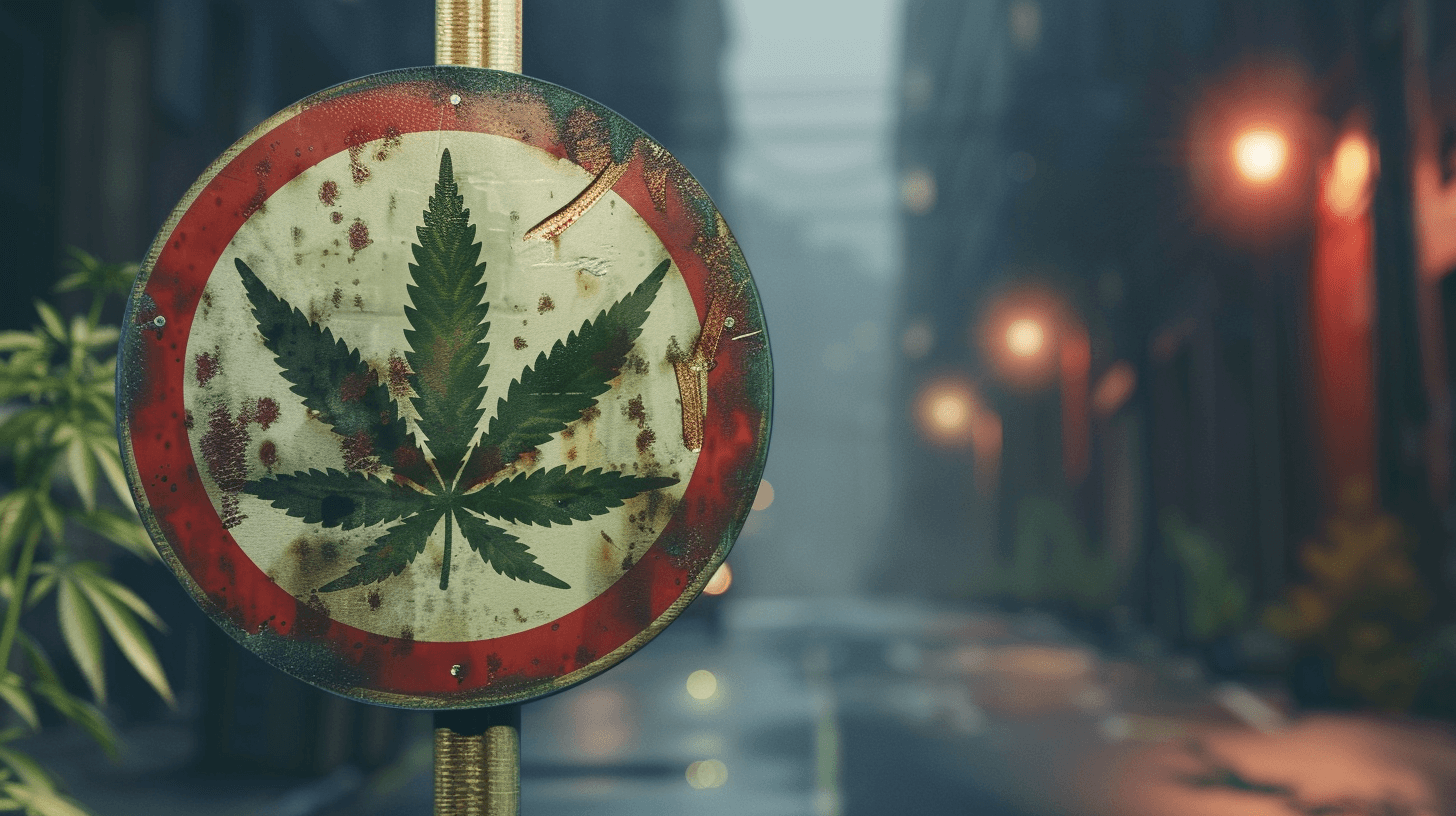 Bildbeschreibung: Ein rundes, verwittertes Verkehrsschild, das an einem Pfosten hängt, zeigt ein Cannabisblatt in kräftigem Grün auf einem weißen Hintergrund mit einem roten Rand, der an ein Verbotsschild erinnert. Es befinden sich einige Rostflecken auf dem Schild, was auf Alter oder Vernachlässigung hindeutet. Der Hintergrund zeigt eine unscharfe Gasse bei Dämmerung mit warmen, gelb-orange leuchtenden Lichtern, die eine geheimnisvolle Atmosphäre schaffen. Das Bild vermittelt eine Verbindung von Cannabis mit Urbanität und könnte für Aspekte des Cannabis-Marketings wie Branding oder visuelle Werbung von 420MKT stehen.