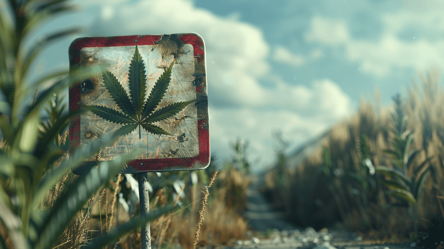 Ein verwittertes Metallschild steht inmitten einer natürlichen Umgebung, umgeben von hohen Gräsern. Auf dem Schild ist ein großes, grünes Cannabisblatt abgebildet. Die Farbgestaltung ist rustikal und das Schild wirkt von der Zeit gezeichnet. Der Hintergrund zeigt einen klaren Himmel mit einigen Wolken und es sind Pflanzen zu erkennen, die auf einen weiten Feldweg hindeuten. Diese visuelle Darstellung könnte symbolisch für Cannabis-Marketing, SEO-Optimierung für natürliche Produkte oder die Vermittlung von CBD-Inhalten in einem authentischen und erdverbundenen Kontext stehen.