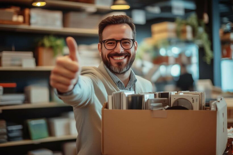 Ein lächelnder Mann in einem Büro mit Regalen voller Bücher und Pflanzen im Hintergrund. Er trägt eine Brille und macht ein Daumen-hoch-Zeichen, als Ausdruck von Erfolg und Zufriedenheit. Vor ihm befindet sich ein Karton mit diversen Ordnern. Dieses Bild könnte auf einer Marketing-Website wie 420MKT für Cannabis-Dienste wie SEO, CBD-Werbung, und Social-Media-Strategien genutzt werden, um positive Kundenerfahrung und erfolgreiche Geschäftspartnerschaften zu symbolisieren.